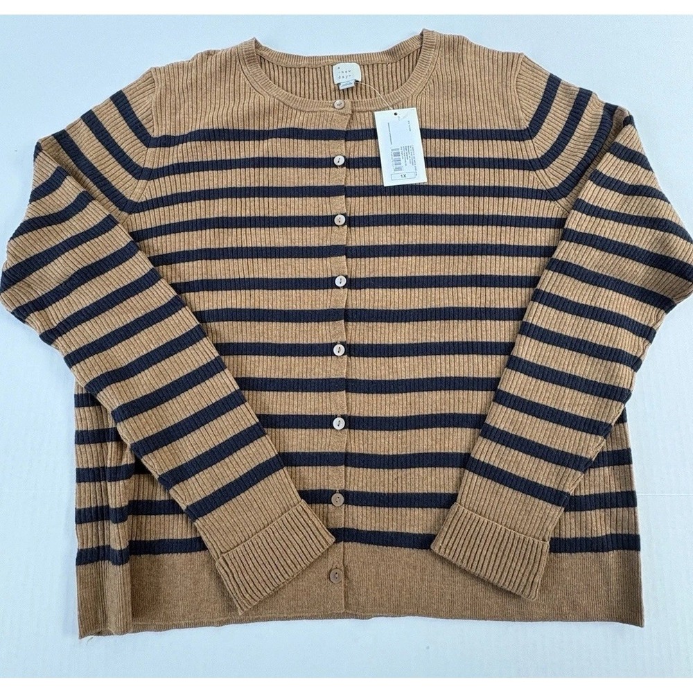 A New Day Women's Striped Button Up Cardigan Brown & Navy Size 1X NWT